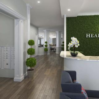 A modern reception area with a green wall and stylish decor, featuring chairs and plants.