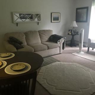 A cozy living room with a sofa, dining table set, and various pieces of decor.