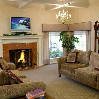 A cozy living room with a fireplace, comfortable sofas, a television, and elegant decor.