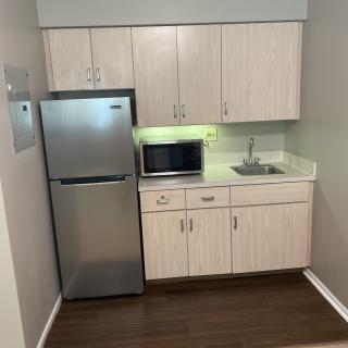 A compact kitchenette with a refrigerator, microwave, sink, and cabinets.