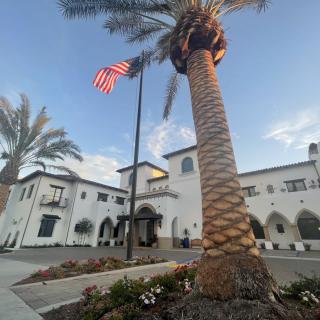 A scenic view of a building with palm trees and an American flag.