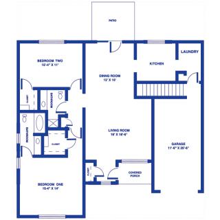 A floor plan illustrating the layout of a house with labeled rooms and dimensions.