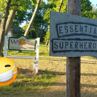 A whimsical take on essential services with a superhero twist in a natural setting.