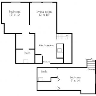 A floor plan showing the layout of a two-story house with three bedrooms, a living room, kitchen, and bathroom.