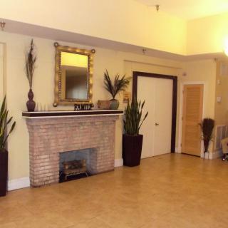 A cozy living room with a brick fireplace, decorative mirror, and potted plants.