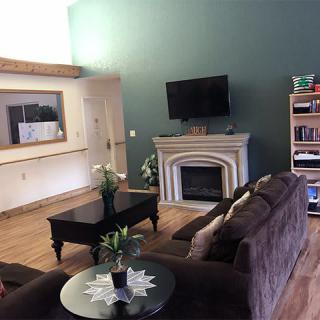 Cozy living room with a fireplace and modern decor.