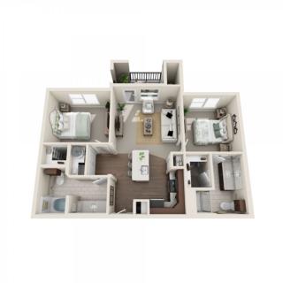 A 3D floor plan of a two-bedroom apartment with open living and dining areas.