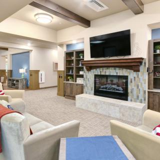A modern living room featuring a cozy fireplace and a mounted television, surrounded by bookshelves and comfortable seating.