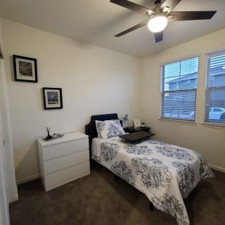 A cozy bedroom with a single bed, bedside table, and ceiling fan.
