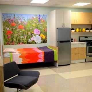 A modern room featuring a kitchenette, colorful bedding, and an artistic floral mural.