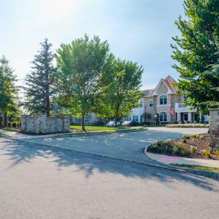 A suburban residential area with a driveway leading to houses surrounded by trees.