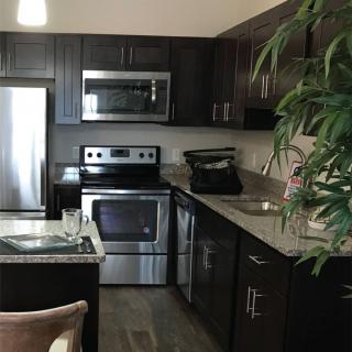 A modern kitchen with stainless steel appliances and dark wood cabinets.