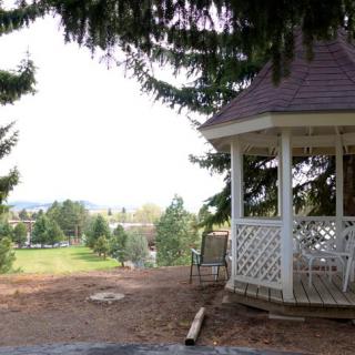 A scenic view of a gazebo surrounded by trees in a park setting.