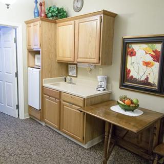 A compact kitchenette with wooden cabinets, a sink, and decorative artwork on the wall.