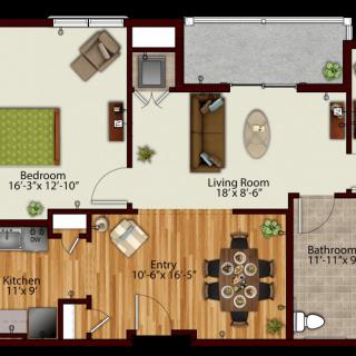 This is a floor plan of an apartment featuring two bedrooms, a living room, kitchen, bathroom, and dining area.