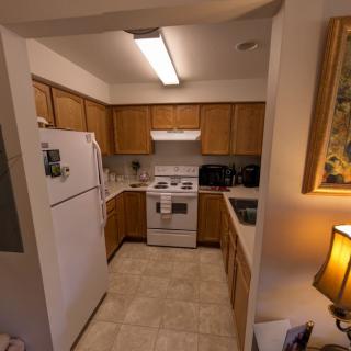 A compact kitchen with wooden cabinets, featuring a refrigerator and stove, illuminated by a ceiling light and accompanied by a lamp and artwork on the wall.