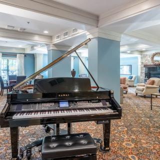 A grand piano in a luxurious living room setting.