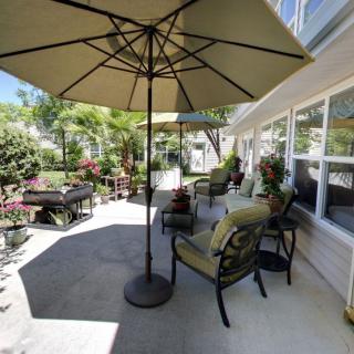 A sunny patio with comfortable outdoor furniture and a large umbrella surrounded by plants.