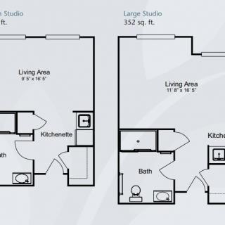Comparison of two studio apartment floor plans with different layouts and square footage.