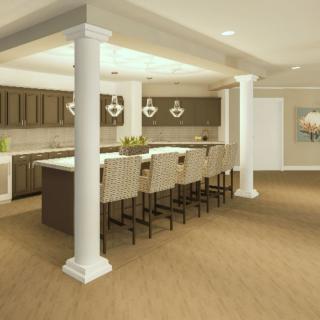 A modern kitchen interior with an island and bar stools, featuring elegant lighting and open space design.