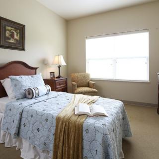 A cozy bedroom with a single bed, elegant furnishings, and natural light from a large window.