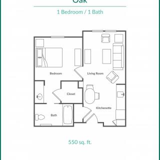 A floor plan of a one-bedroom, one-bathroom apartment called 'Oak', measuring 500 square feet.