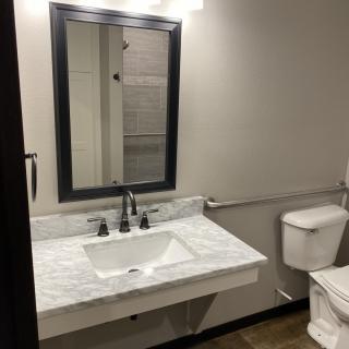 A modern bathroom with a mirror, sink, and toilet.