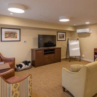A cozy living room setup with a television, multiple chairs, and a cat bed.