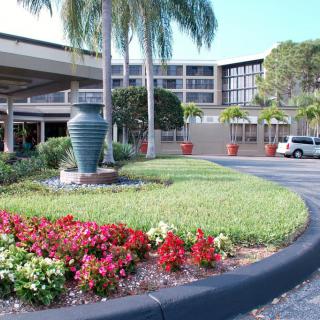 The entrance of a hotel with palm trees and colorful flowers enhancing the landscape.