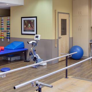 A well-equipped physical therapy room featuring exercise balls, balance bars, and rehabilitation equipment.