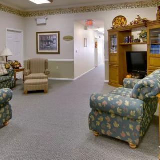 A cozy living room with patterned armchairs and a television set.