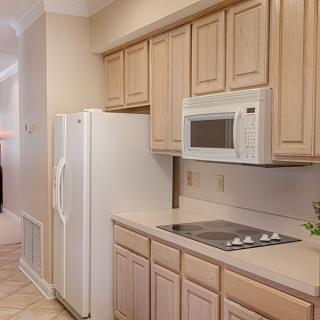 A modern kitchen with light wood cabinets, a white refrigerator, microwave, and electric stovetop.