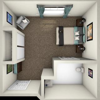 A 3D top-down view of a small bedroom with a bed, side tables, wardrobe, and an armchair.