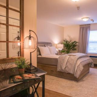A cozy and well-decorated bedroom featuring a comfortable bed, stylish lamps, and lush plants.
