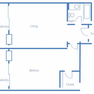 A floor plan of a one-bedroom apartment featuring a living room, bedroom, bathroom, and two balconies.