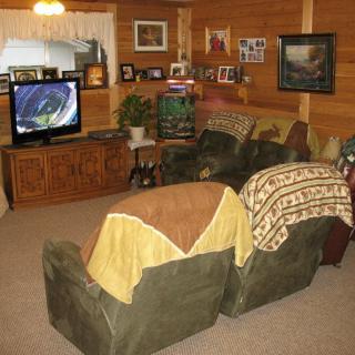 A cozy living room with a television, couches covered with blankets, and wooden walls adorned with decorative frames.