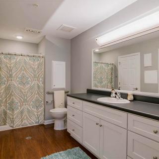 A modern bathroom featuring a large vanity with a mirror and a stylish shower curtain.