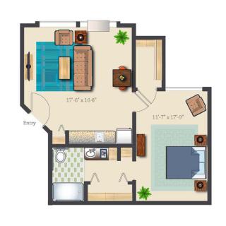 A floor plan illustration of a one-bedroom apartment featuring a living room, kitchen, and bathroom.