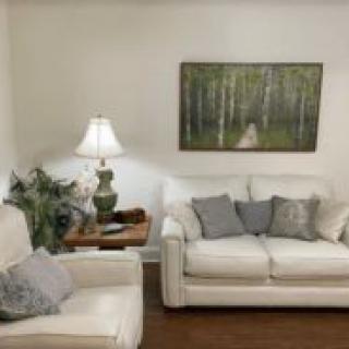 A cozy living room featuring white sofas, a table lamp, and a nature-themed painting.