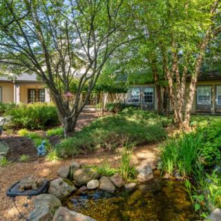 A serene garden with lush greenery and a small pond, surrounded by buildings.