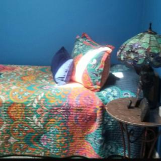 A cozy bedroom with a vibrant, patterned bedspread and matching pillows against a blue wall, complemented by a classic table lamp.