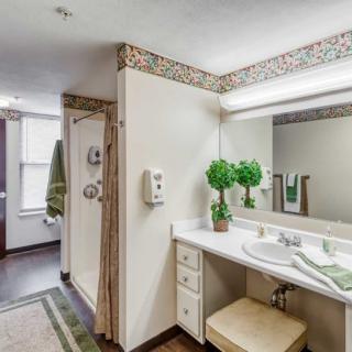 A bright and spacious bathroom with a large mirror, sink, and decorative plants.