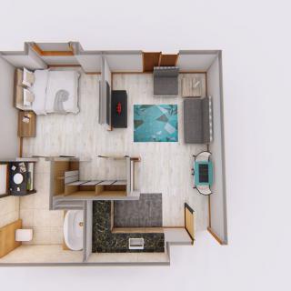 A 3D floor plan of a compact one-bedroom apartment featuring a living area, kitchen, bathroom, and bedroom.
