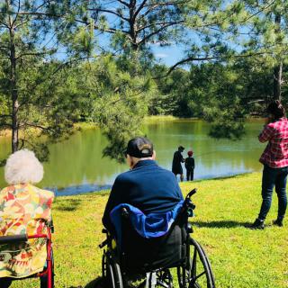 A peaceful scene with people enjoying the view by a lake, surrounded by trees.