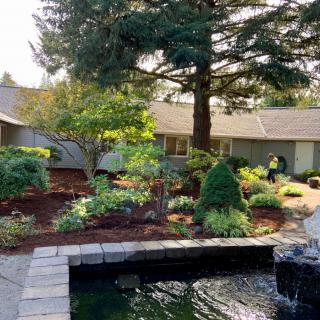 A beautifully landscaped garden featuring a pond and various plants in front of a house.