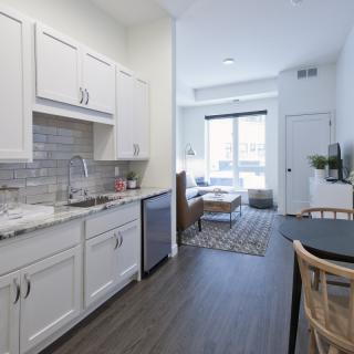 A modern apartment with an open floor plan featuring a compact kitchen and cozy living area.