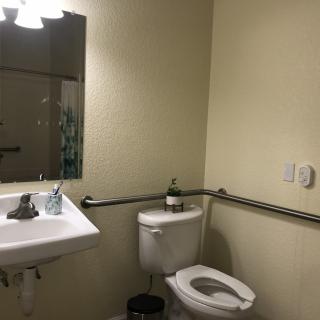 A bathroom with a sink, toilet, and mirror, featuring handrails for accessibility.