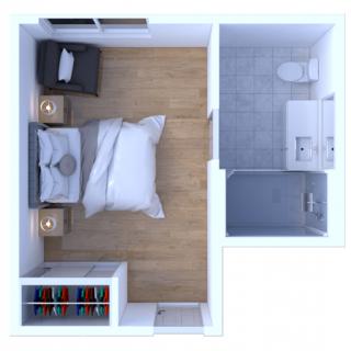 A 3D floor plan of a compact bedroom with an attached bathroom.