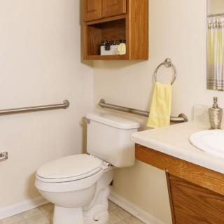 A well-equipped bathroom with a toilet, sink, and safety handrails.