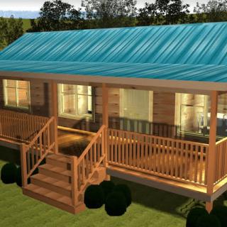 A cozy wooden cabin with a blue roof and porch, illuminated in the evening.